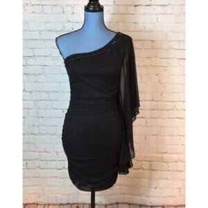Body Central Black Dress Bodycon One Shoulder Long Sleeve Sequin Bodice Medium